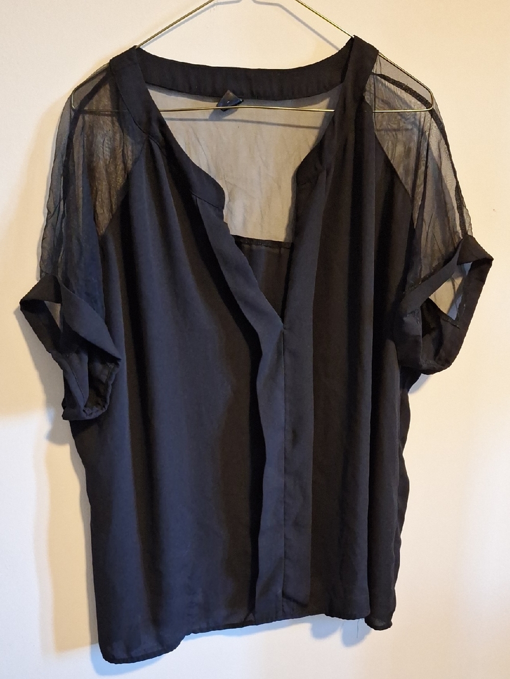 Black Sheer-Sleeve V-Neck Blouse - Lightweight Women's Top
